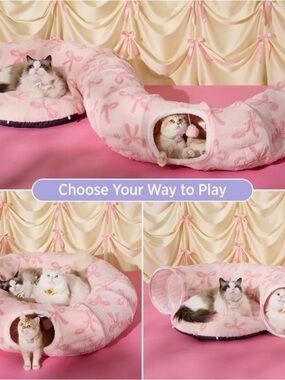BEDSURE Plush Pink Cat Tunnel & Bed Combo - Soft Play Lounger ❗️🎀💕⭐️
